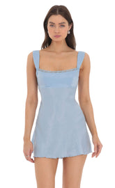 Satin Lace Trim Open Back Dress in Blue